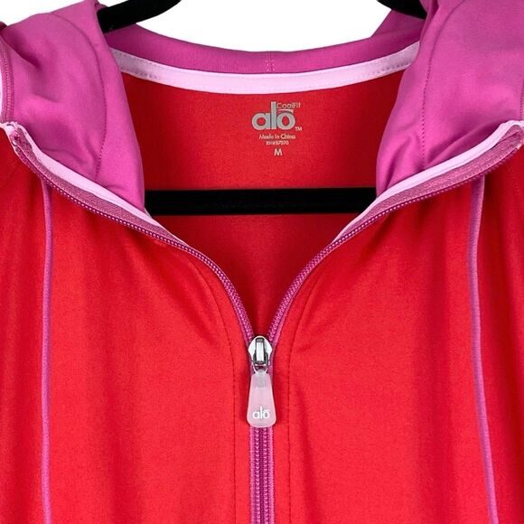 Alo Yoga Womens Red Hooded Jacket M Pink Stripe Trim Athletic Full Zip Athletic - Picture 5 of 10